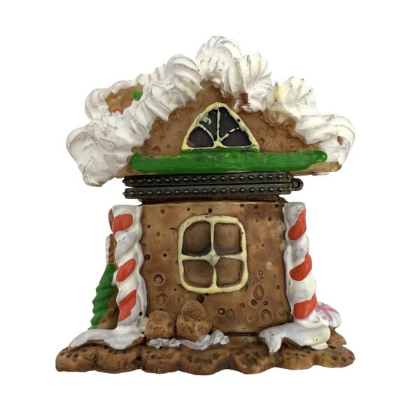 Ceramic Hinged Gingerbread House Christmas Trinket Box Candy Cane 2.5” - Picture 2 of 6